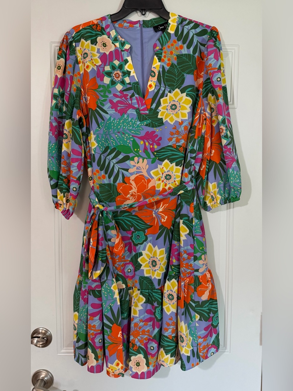 Jessica Howard Floral Balloon Sleeve Dress Size 16 Belted Vacation Wedding Guest